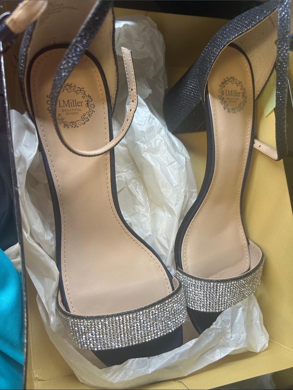 J. Miller Black Rhinestone Ankle-Strap Heels